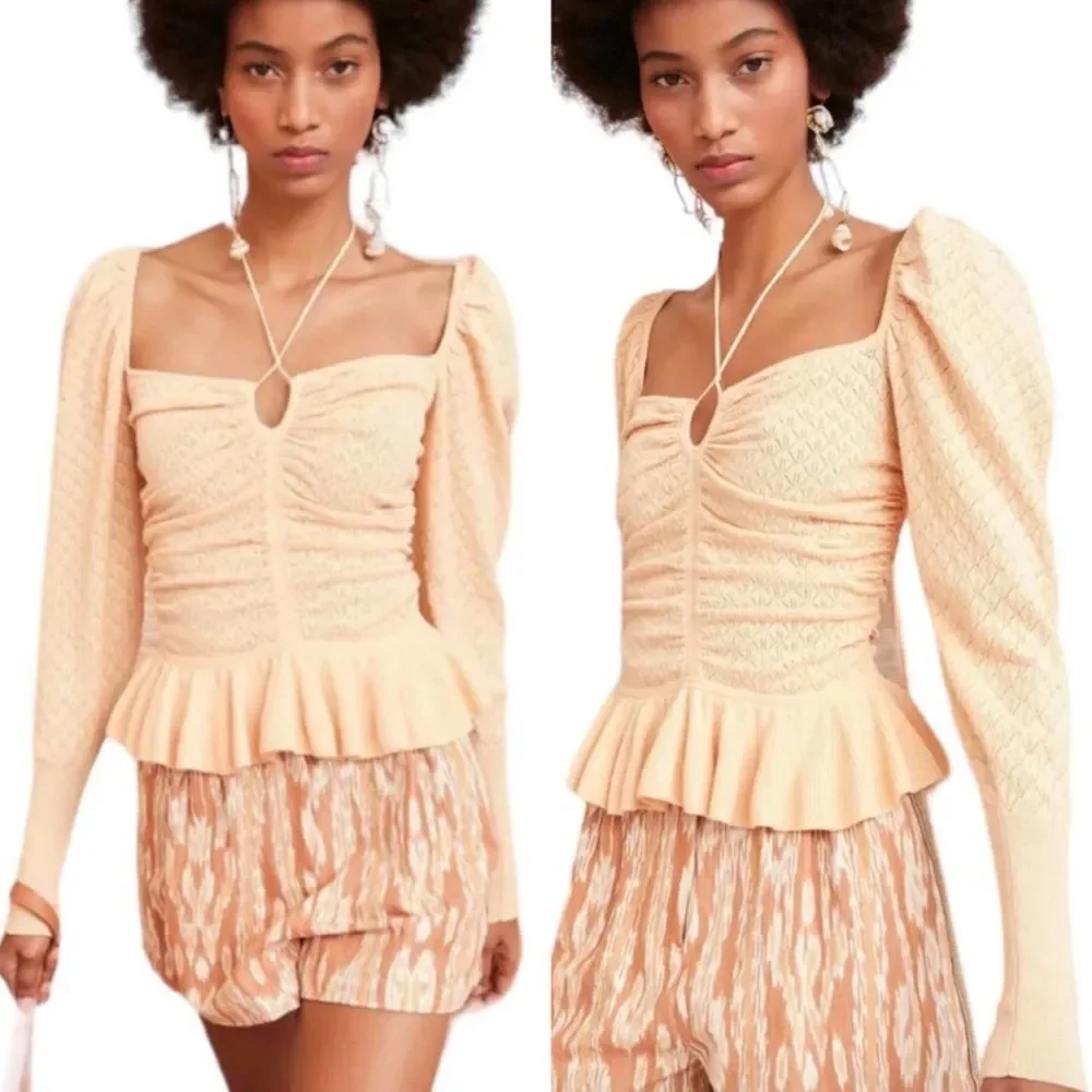 NWT Ulla Johnson | Leland Puff Sleeve Peplum‎ Halter Top Honey Peach Size L Knit